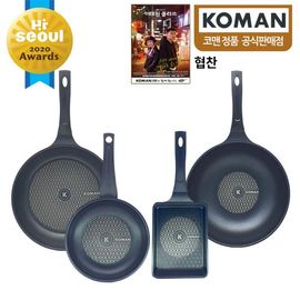 [KOMAN] 4 Piece Set : BlackWin Titanium Coated (Frying Pan+Wok+Grill Pan) 28cm+Square Pan 19cm-Nonstick Cookware 6-Layers Coationg Die Casting Frying Pan - Made in Korea